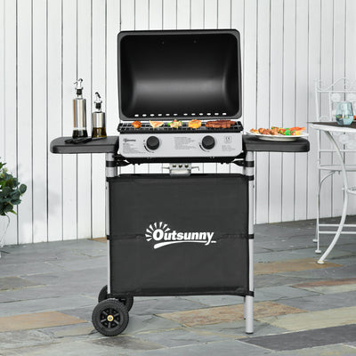 Outsunny 2 Burner Gas BBQ Trolley with Lid, 5.6 kW Gas Barbecue Grill with Wheels, Side Shelves, Black 