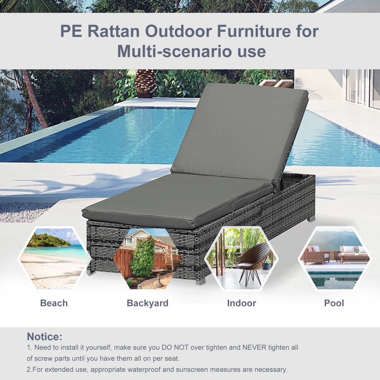 Outsunny Rattan Outdoor Garden Reclining Sun Lounger Grey 