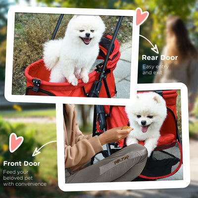 PawHut Dog Pram Dog Stroller Foldable Pet Pushchair with 4 Wheels, Safety Leashes, Cup Holder for Small Dogs, Red 