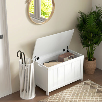 HOMCOM Storage Chest, Modern Storage Trunk with 2 Safety Hinges and Cut-out Handles, Wooden Toy Box for Living Room, Entryway, 76 x 40 x 48 cm, White 