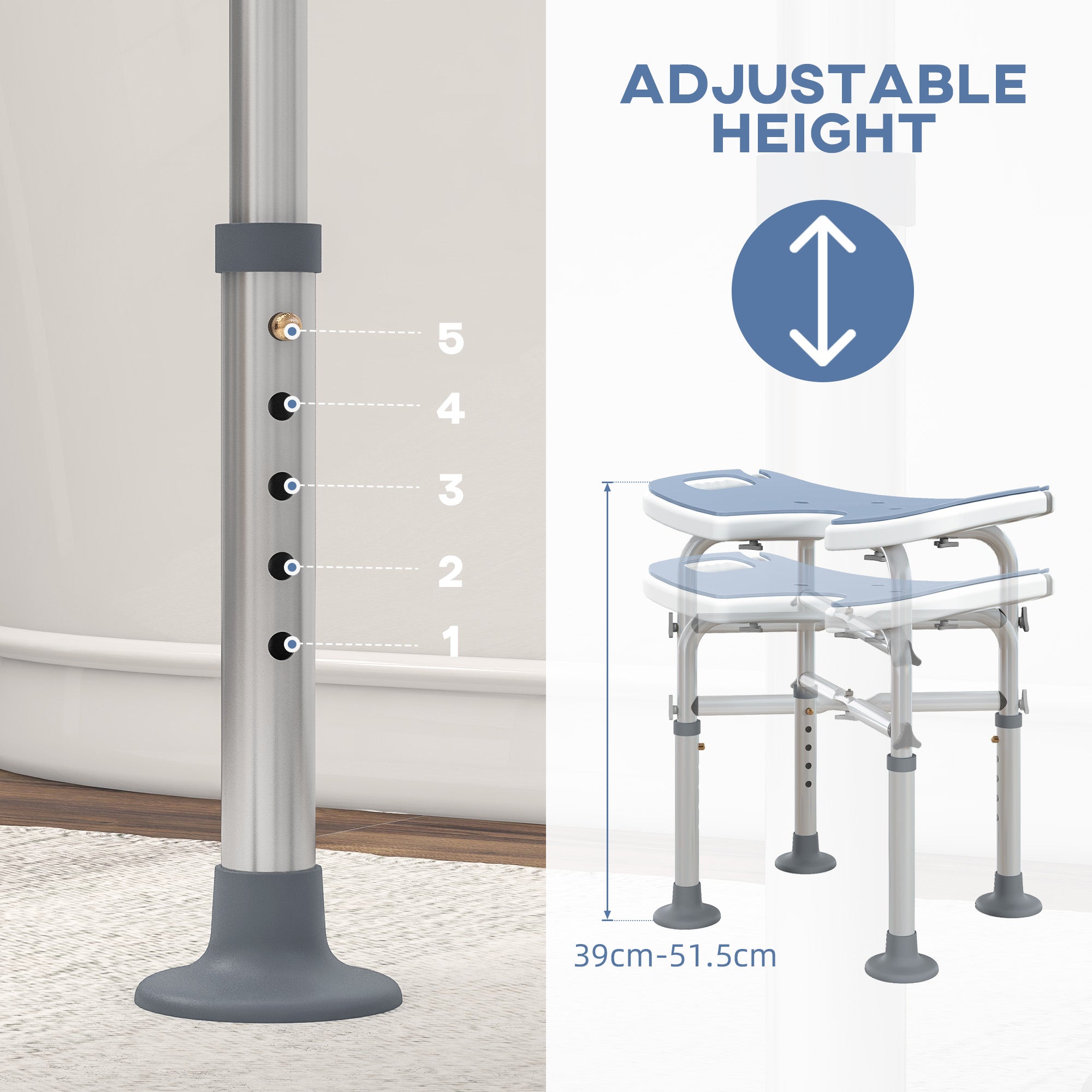 HOMCOM 39-51.5cm 'U' Seat Padded Shower Stool - Light Blue 