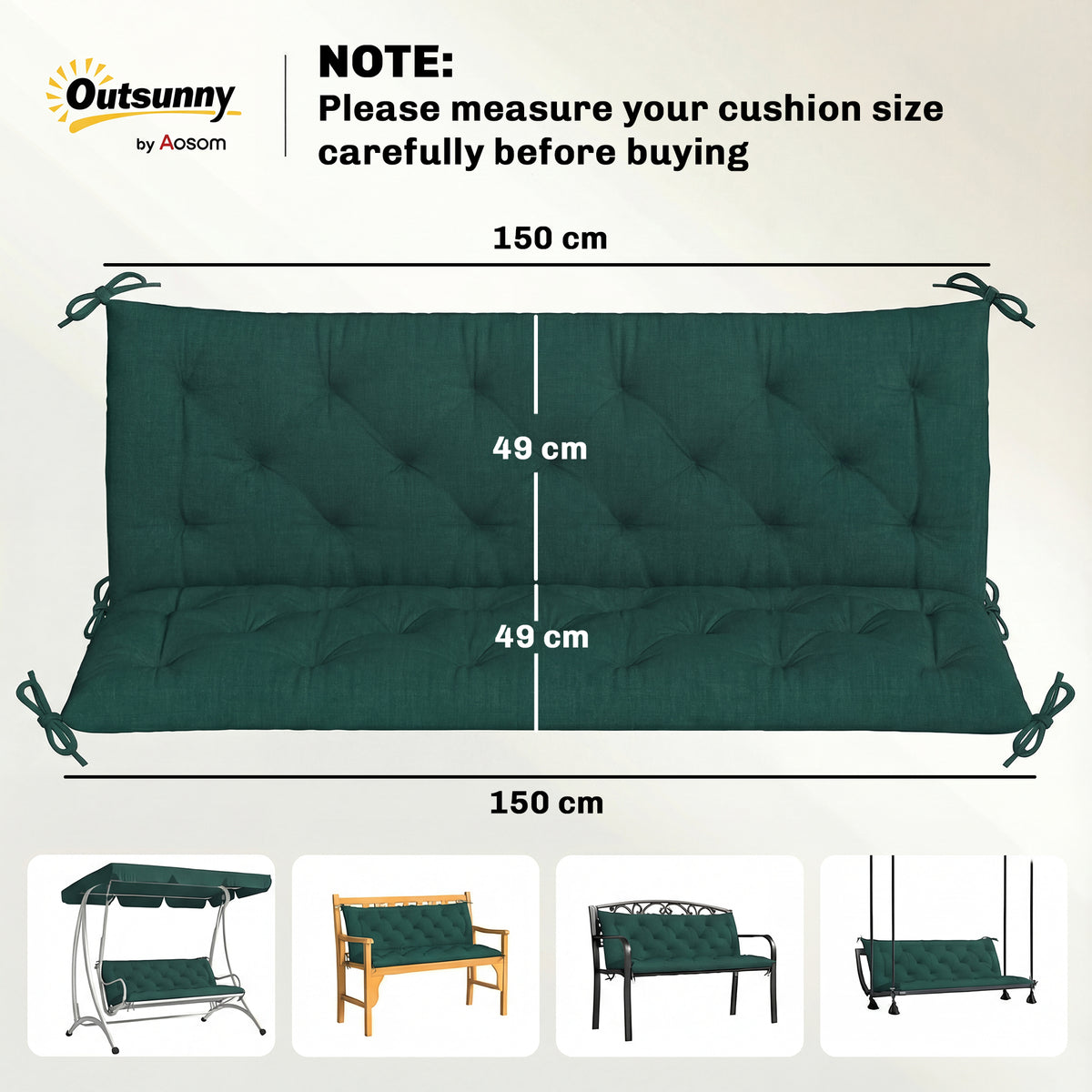 Outsunny 3 Seater Bench Cushion, Garden Chair Cushion with Back and Ties for Indoor and Outdoor Use, 98 x 150 cm, Green 