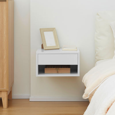 HOMCOM 2 Pieces Bedside Table Wall Mounted Nightstand with Drawer and Shelf for Bedroom, 37 x 32 x 21cm, High Gloss White 