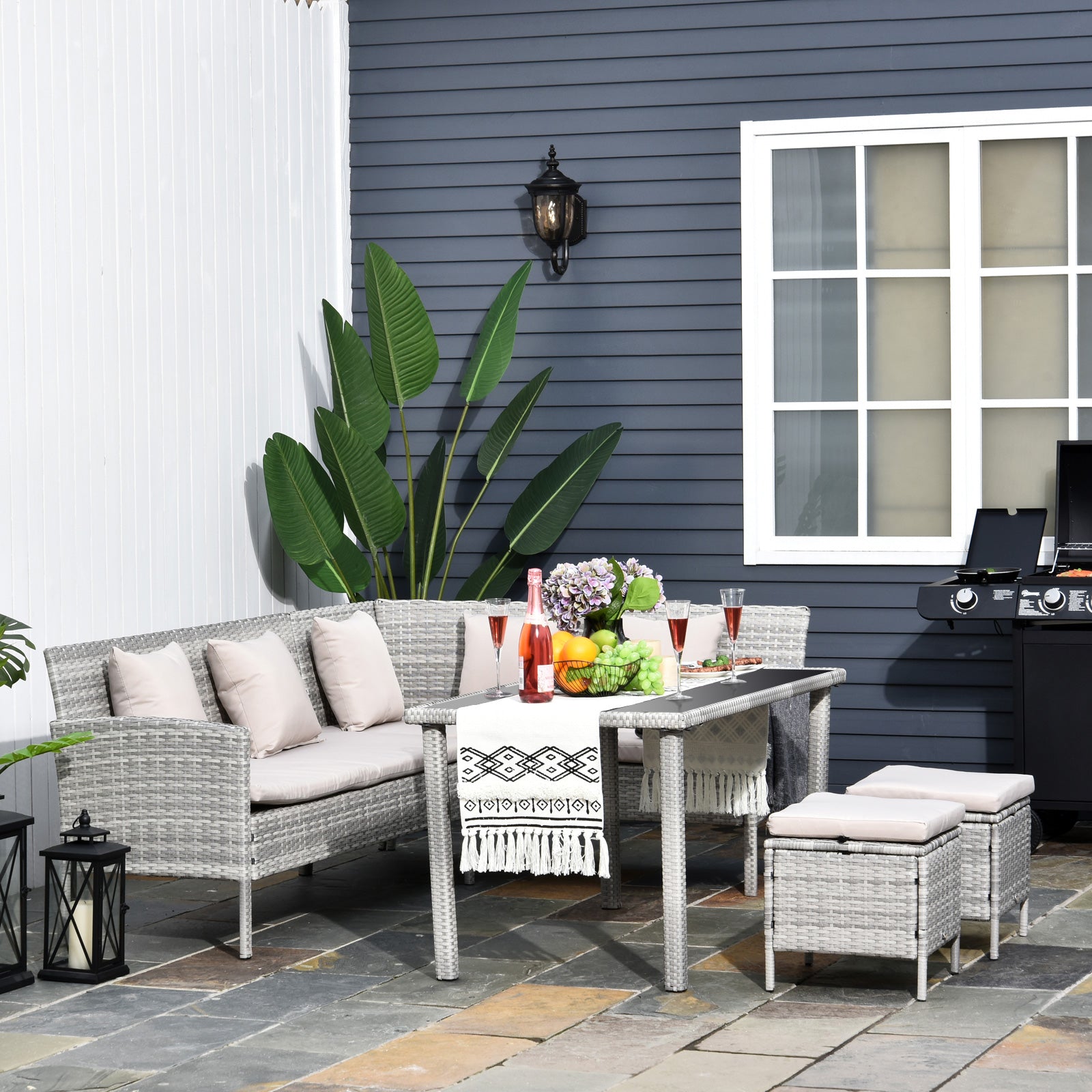 Outsunny 6-Seater Rattan Dining Set Sofa Table Footstool Outdoor w/ Cushion Garden Furniture 