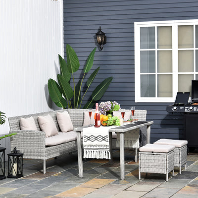 Outsunny 6-Seater Rattan Dining Set Sofa Table Footstool Outdoor w/ Cushion Garden Furniture 