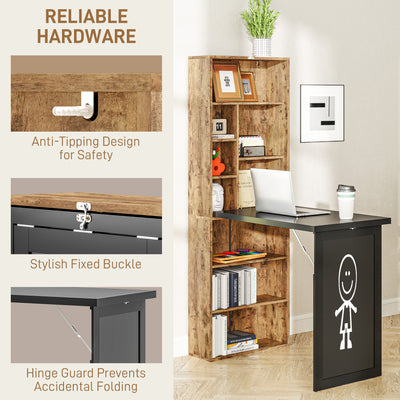 HOMCOM Folding Desk with Blackboard Multi-function Computer Office Workstation Side Shelf for Home Office, Rustic Brown 