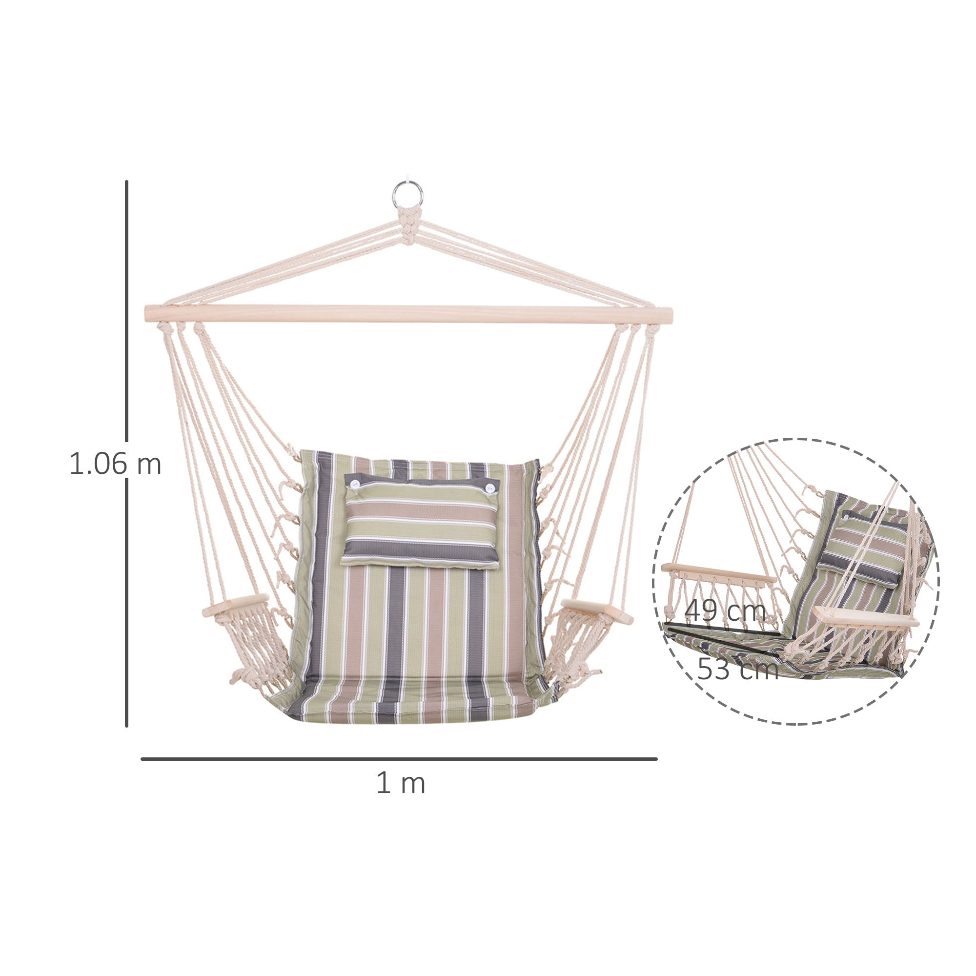Outsunny Garden Outdoor Hanging Hammock Chair Thick Rope Frame Wooden Arms Safe Wide Seat Garden Outdoor Spot Stylish Multicoloured stripes 
