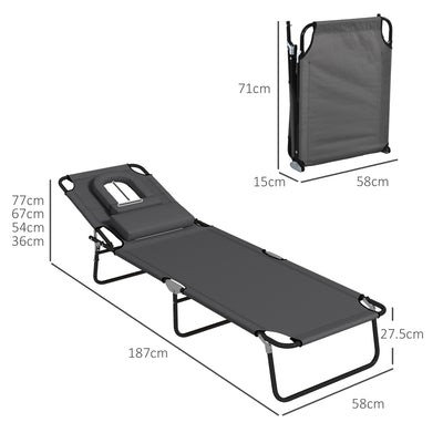 Outsunny Outdoor Foldable Sun Lounger Set of 2, 4 Level Adjustable Backrest Reclining Sun Lounger Chair with Pillow and Reading Hole, Dark Grey 