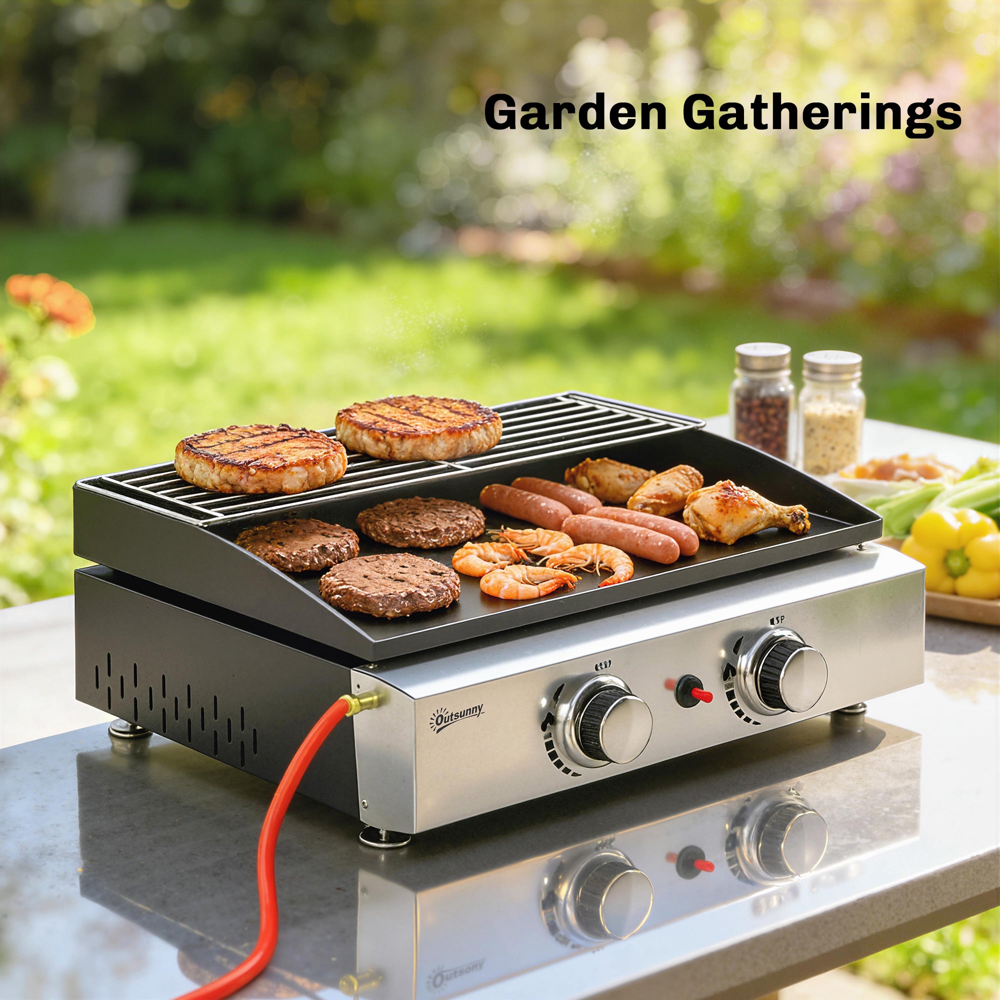 Outsunny 2 Burner Grill Griddle, Portable Gas Plancha with Warming Rack, 5 kW, Tabletop Gas BBQ with Grease Cup, Black 