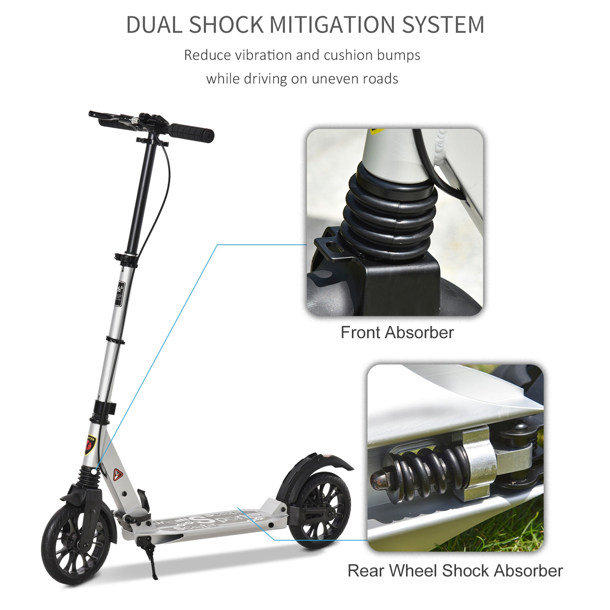 HOMCOM Teen/Adults Aluminium Folding Kick Scooter w/ Shock Mitigation System Silver 