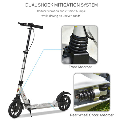 HOMCOM Teen/Adults Aluminium Folding Kick Scooter w/ Shock Mitigation System Silver 