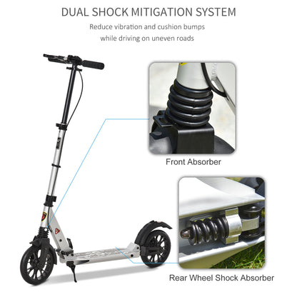 HOMCOM Teen/Adults Aluminium Folding Kick Scooter w/ Shock Mitigation System Silver 