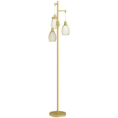 HOMCOM 3-Light Floor Lamp, 170cm Industrial Dimmable Standing Lamp with Steel Wire Cage Lampshades for Living Room, Bedroom, Dining Room, Study, Gold Tone 
