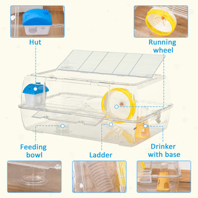 PawHut Hamster Cage, 2 Tier Gerbil Cage with Running Wheel, Water Bottle, Dish 