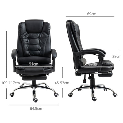 HOMCOM Executive Office Chair, PU Leather Home Office Chair with Swivel Wheels, Reclining Backrest, Retractable Footrest, Black 