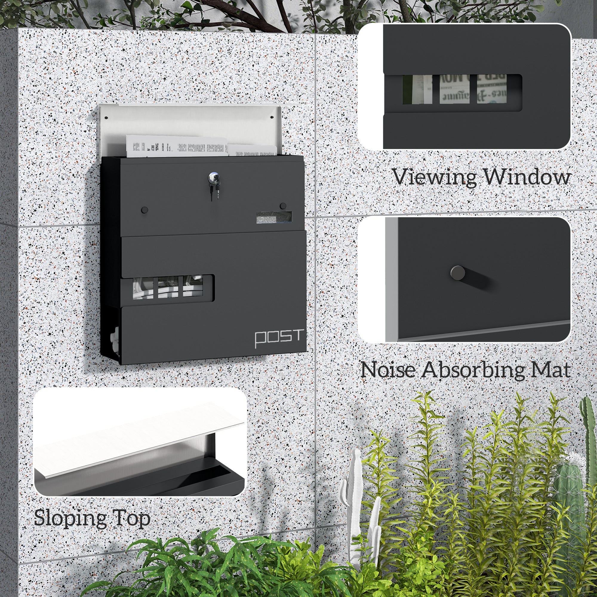 HOMCOM Locking Galvanised Steel Letterbox - Charcoal Grey/Black 