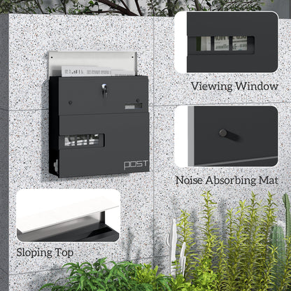 HOMCOM Locking Galvanised Steel Letterbox - Charcoal Grey/Black 