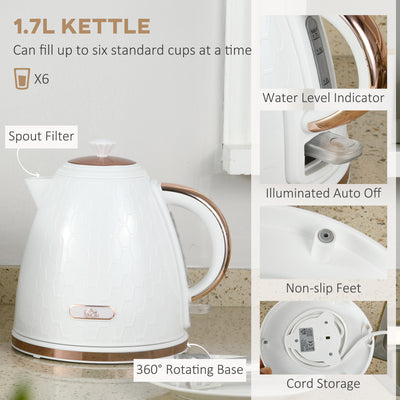 HOMCOM 1.7L 3000W Fast Boil Kettle & 2 Slice Toaster Set, Kettle and Toaster Set with Auto Shut Off, Browning Controls, White 
