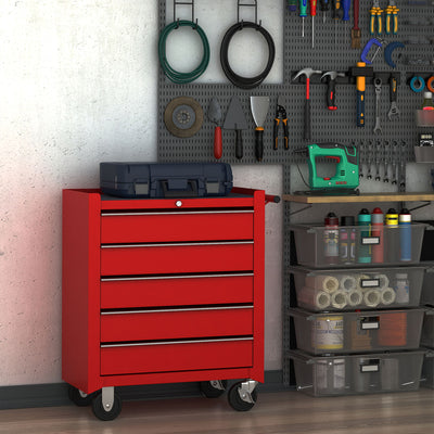 HOMCOM 5 Drawer Tool Chest on Wheels, Lockable Steel Tool Trolley with Side Handle for Workshop, Garage, Red 