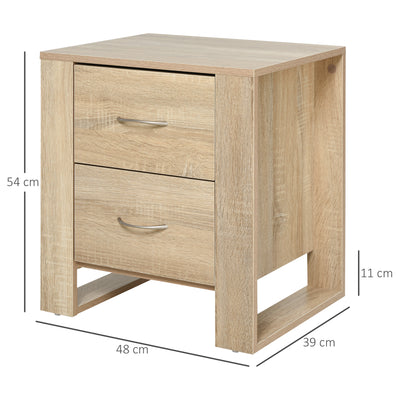 HOMCOM Bedside Table with 2 Drawers, Nightstand with Handles and Elevated Base, Side Table for Bedroom, Living Room, Set of 2, Brown 