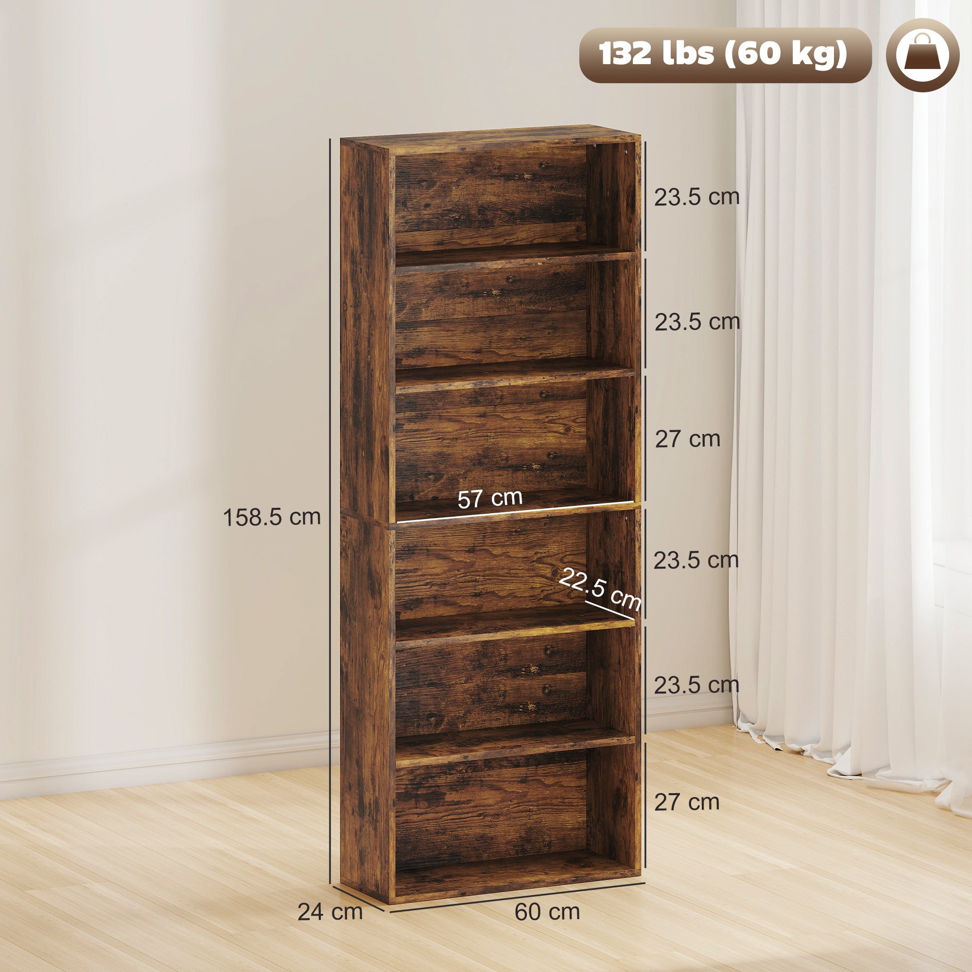 HOMCOM Six Shelf Bookcase - Rustic Brown 