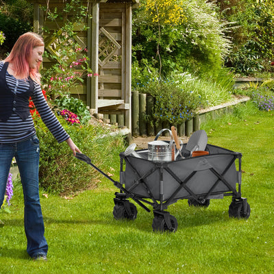 Outsunny Outdoor Pull Along Cart Folding Cargo Wagon Trailer Trolley for Beach Garden with Handle, Anti-Slip Wheel - Dark Grey 