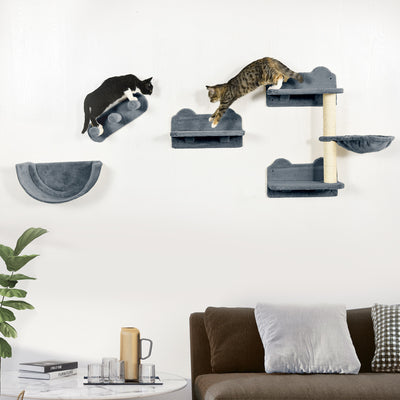 PawHut 4PCs Wall-Mounted Cat Shelves w/ Scratching Post, Hammock, Nest - Grey 