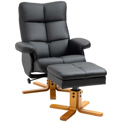 HOMCOM Recliner Armchair, Swivel Reclining Chair With Ottoman, Swivel Faux Leather Chair with Wooden Base and Storage Footstool for Living Room, Black 