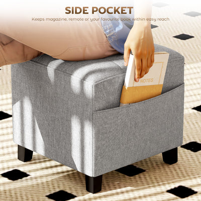 HOMCOM Square Footstool, Small Ottoman with Side Pocket, Linen Fabric Footrest Foot Stool with Rubber Wood Legs and Padded Seat for Living Room, Bedroom, Entryway, 35 x 35 x 35cm, Light Grey 