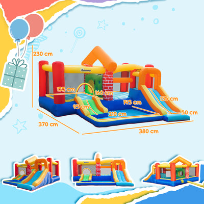 Outsunny 4 in 1 Kids Bouncy Castle Extra Large Double Slides & Trampoline Design Inflatable House Pool Climbing Wall with Blower Carrybag for Kids Age 3-8, 3.8 x 3.7 x 2.3m 
