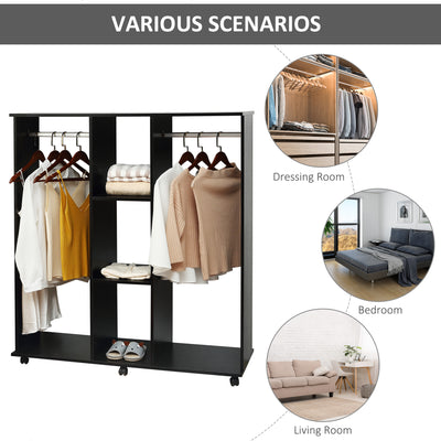 HOMCOM Open Wardrobe Double Mobile Storage Shelves Organizer W/6 Wheels-Black 