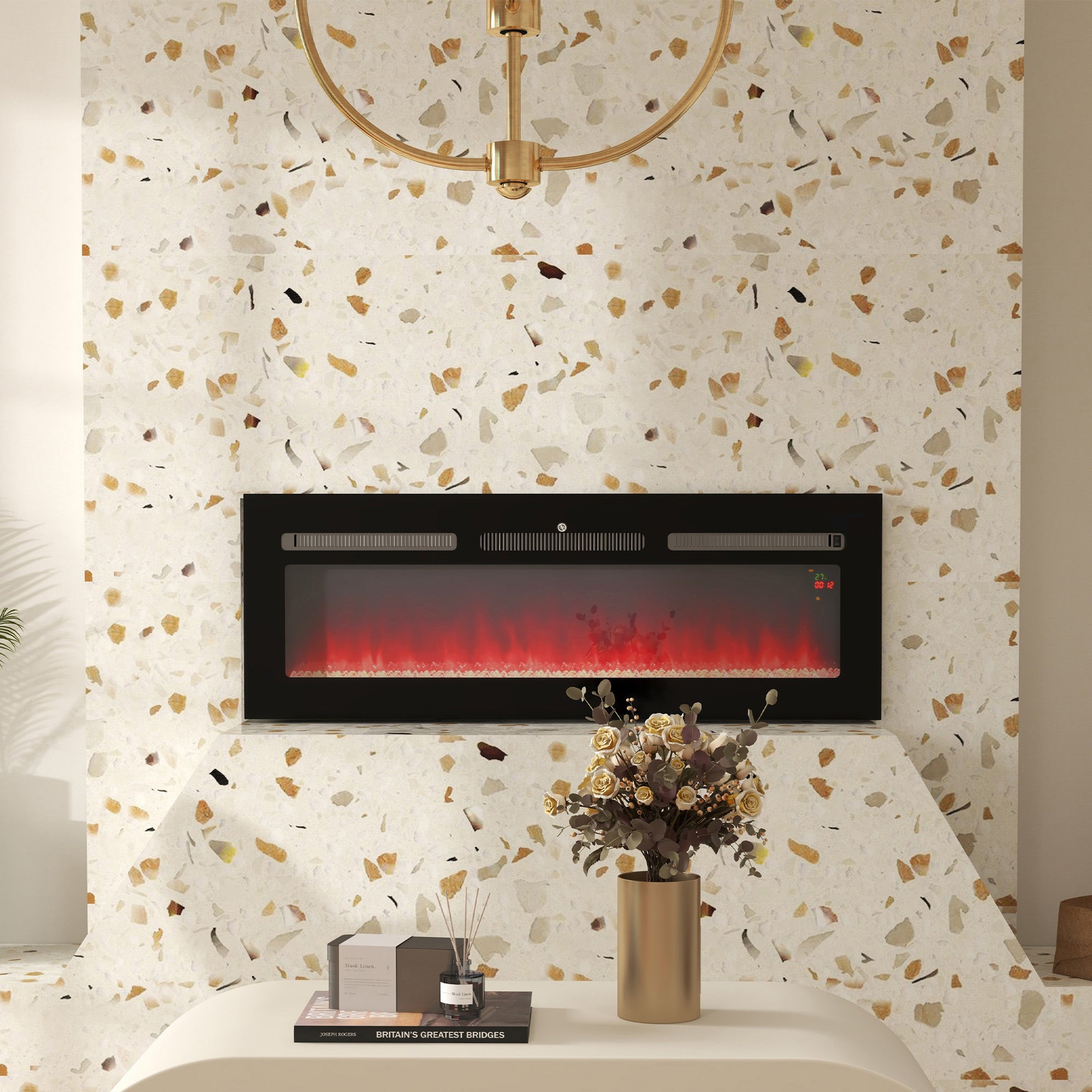 HOMCOM 127cm Electric Fireplace, 2000W Recessed and Wall Mounted Electric Fire with Remote Control, 9 Flame Colour and Crystal, Black 
