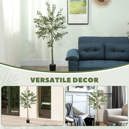 HOMCOM 5ft/ 150cm Decorative Artificial Plant, Silk Olive Tree with 720 Leaves and 32 Olive Fruits in Pot, Fake Plant for Home, Office, Living Room, Indoor Decor 