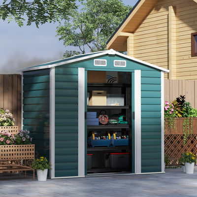 Outsunny 7 x 4ft Garden Shed, Easy to Assemble, Upgraded Galvanised Steel Frame with Foundation Kit, Double Doors with Lock, Outdoor Metal Shed with Vents and Gloves, Garden Storage Shed, Green 