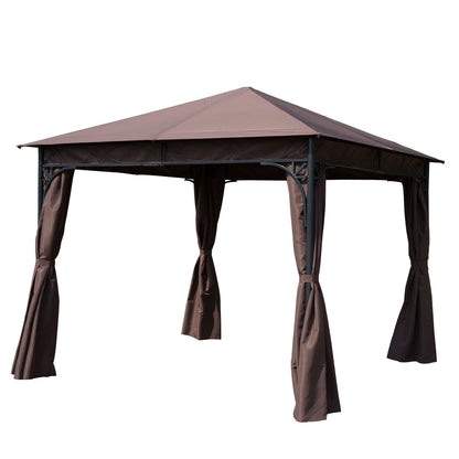 Outsunny 3 x 3(m) Garden Gazebo, Outdoor Gazebo Canopy Shelter with Curtains and Steel Frame for Lawn, Yard and Deck, Coffee 