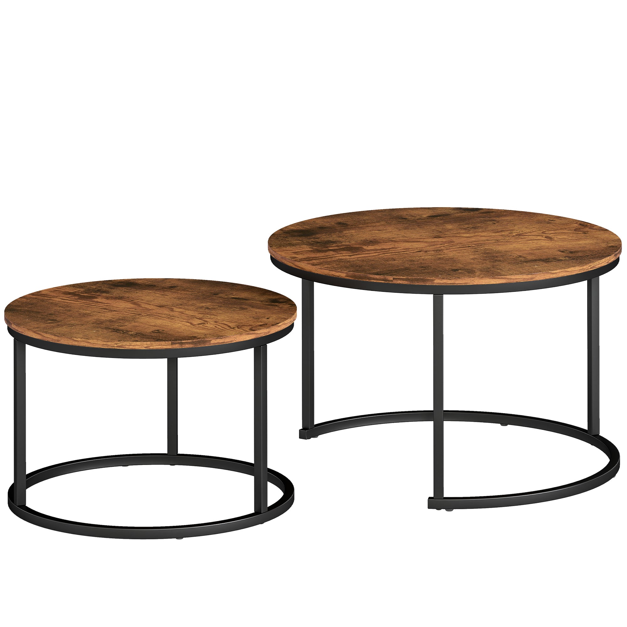 HOMCOM Coffee Table Set of 2, Round Nest of Tables with Metal Frame, Modern Side Tables for Living Room, Rustic Brown 