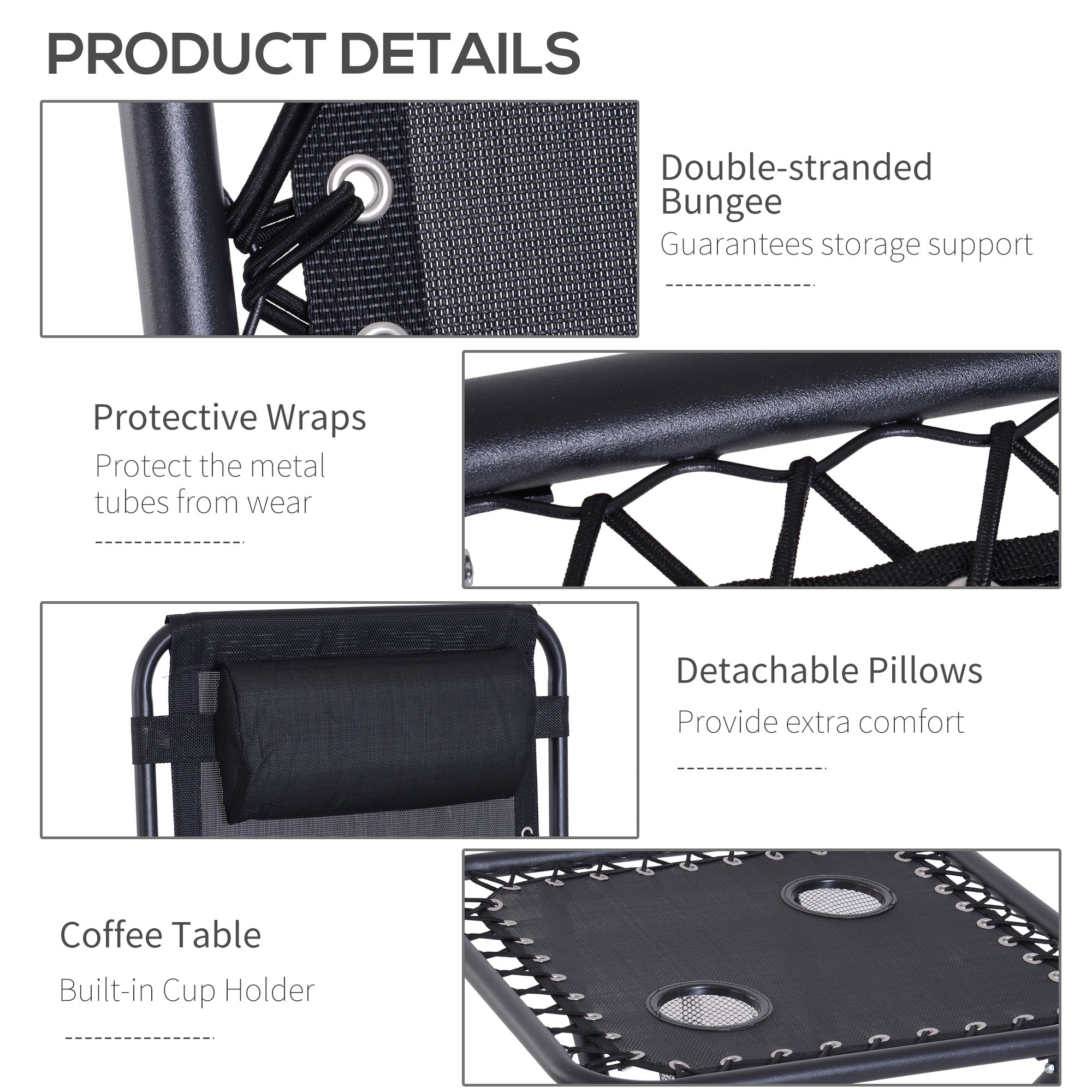 Outsunny Folding Zero Gravity Chairs, 3 Pieces Adjustable Sun Lounger and Table Set with Cup Holder and Headrest, Bistro Set with Reclining Garden Chairs for Patio, Black 