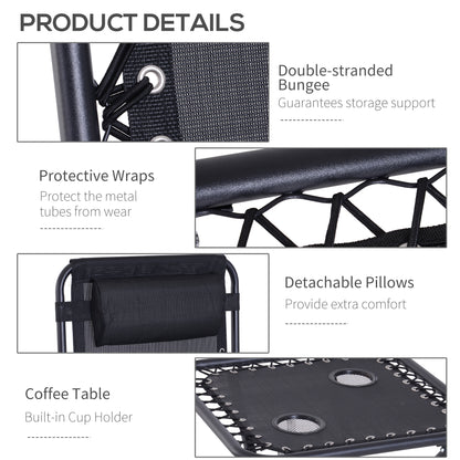 Outsunny Folding Zero Gravity Chairs, 3 Pieces Adjustable Sun Lounger and Table Set with Cup Holder and Headrest, Bistro Set with Reclining Garden Chairs for Patio, Black 