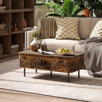 HOMCOM Coffee Table with Storage, Living Room Table with Slatted Tambour Sliding Doors and Foot Pads, Rectangular Coffee Table with Elevated Base for Living Room, Rustic Brown 