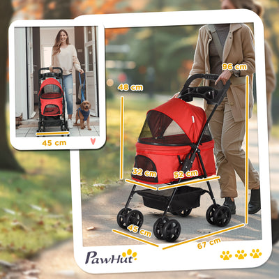 PawHut Dog Pram Dog Stroller Foldable Pet Pushchair with 4 Wheels, Safety Leashes, Cup Holder for Small Dogs, Red 