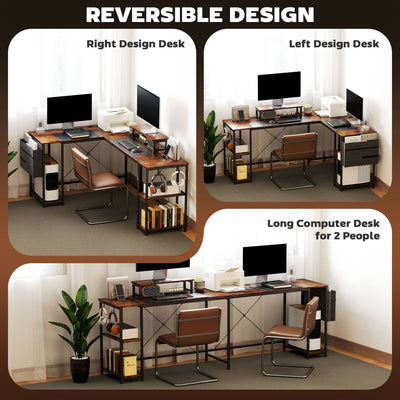 HOMCOM 168cm Reversible L Shaped Desk, Industrial Corner Computer Desk with Adjustable Shelf and Storage Bag, 240cm 2 Person Desk with Monitor Stand, Rustic Brown 