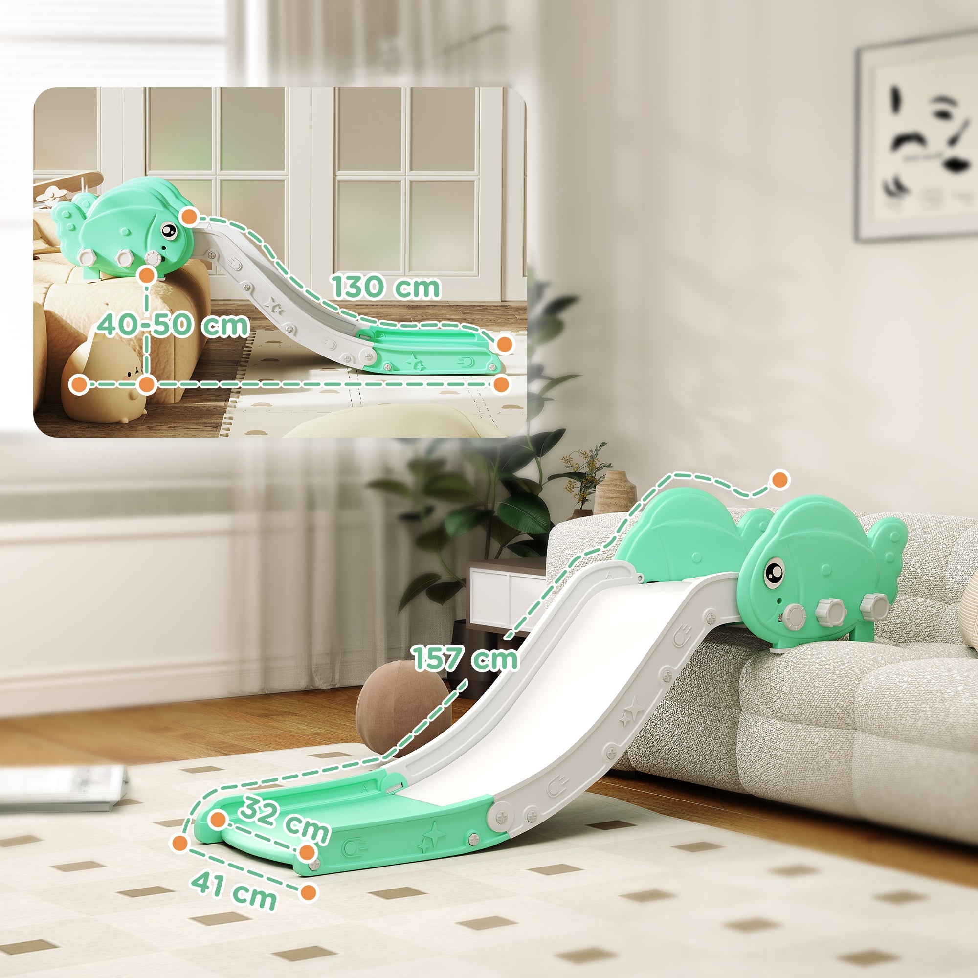 AIYAPLAY Kids Sofa Slide with 130cm Extended Length, HDPE Toddler Slide for Sofa, Bed, Stairs, Easy Assemble & Storage, Green 