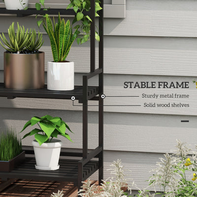 Outsunny 3 Tiered Plant Rack with Hanging Hooks, Tall Plant Stand for Indoor Outdoor Porch Balcony Use, Black 