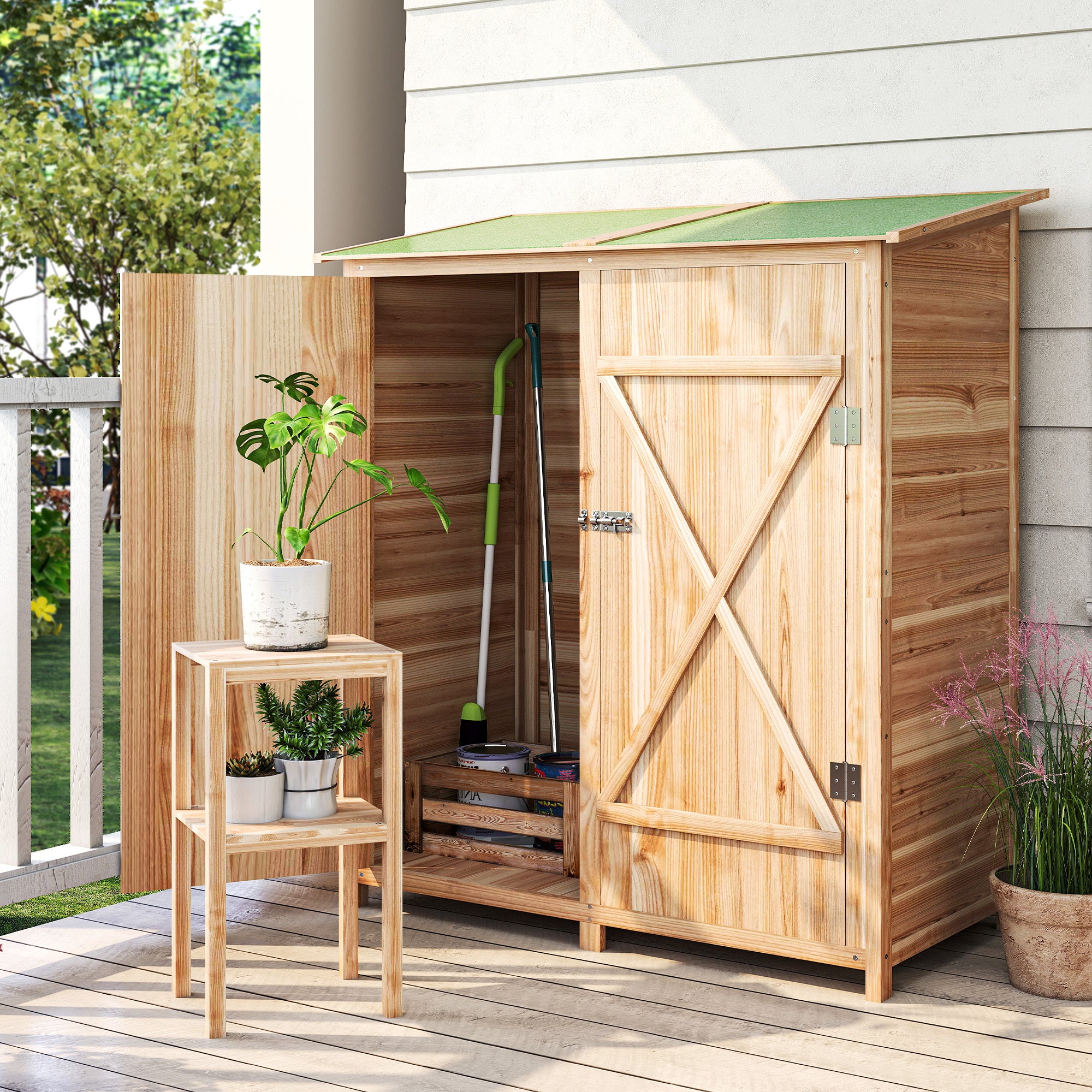 Outsunny 140 x 75 Fir Wood Garden Shed, with Asphalt Roof - Natural 