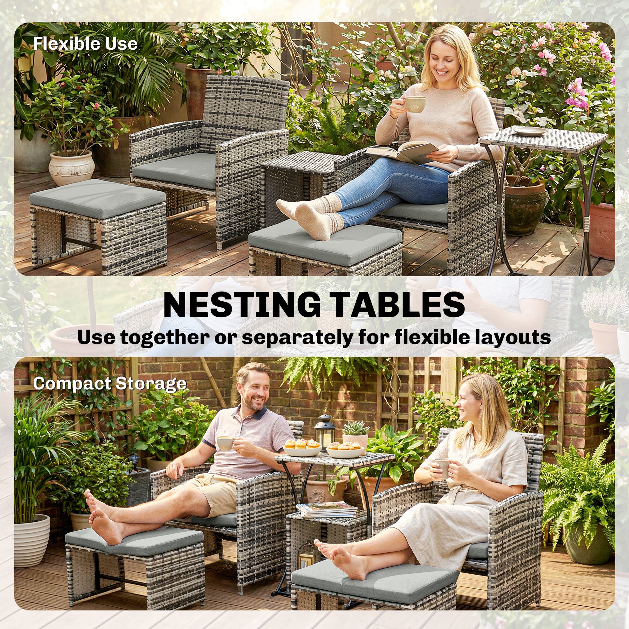 Outsunny 6 Piece Rattan Garden Furniture, Space-Saving Patio Furniture Set with Nesting Tables, Chairs, Stools, Cushions, Grey 