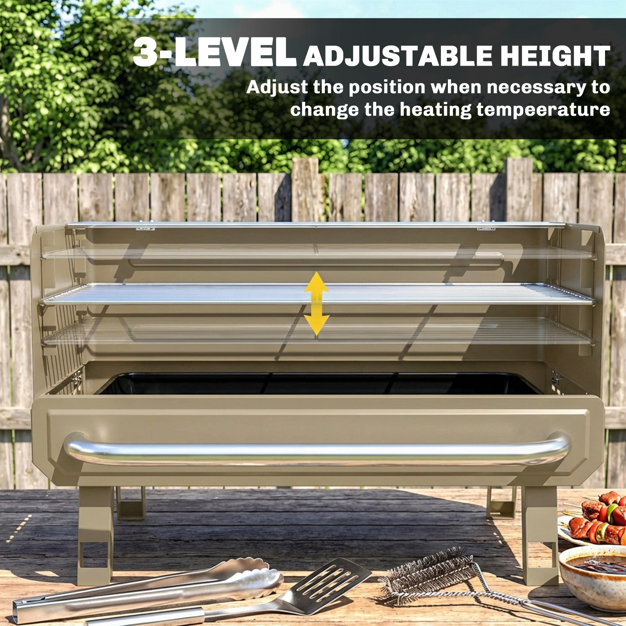 Outsunny Portable BBQ Grill, Charcoal Barbecue Grill with Adjustable Grates, Foldable Legs, Side Shelf for Camping Travel, Khaki 