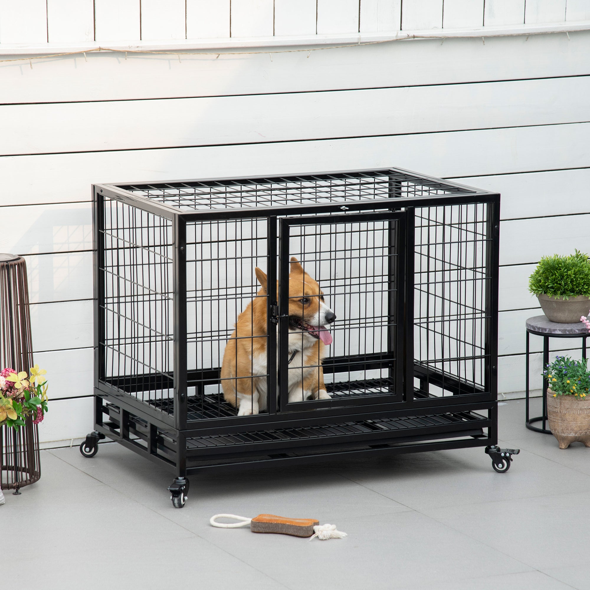 PawHut 38" Heavy Duty Metal Dog Crate Pet Cage with Tray Wheeled Dog Kennel - Black (Medium) 