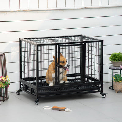 PawHut 38" Heavy Duty Metal Dog Crate Pet Cage with Tray Wheeled Dog Kennel - Black (Medium) 
