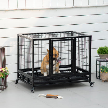 PawHut 38" Heavy Duty Metal Dog Crate Pet Cage with Tray Wheeled Dog Kennel - Black (Medium) 