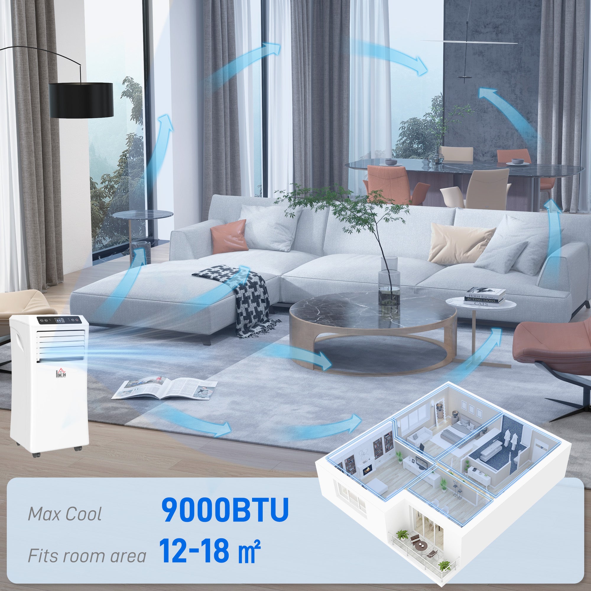 HOMCOM 9000 BTU Air Conditioning Unit, 3-in-1 Portable Air Conditioner, Dehumidifier, Cooling Fan with Remote Control, Digital Display, 2 Speeds, 24H Timer, Window Venting Kit, 18m² 